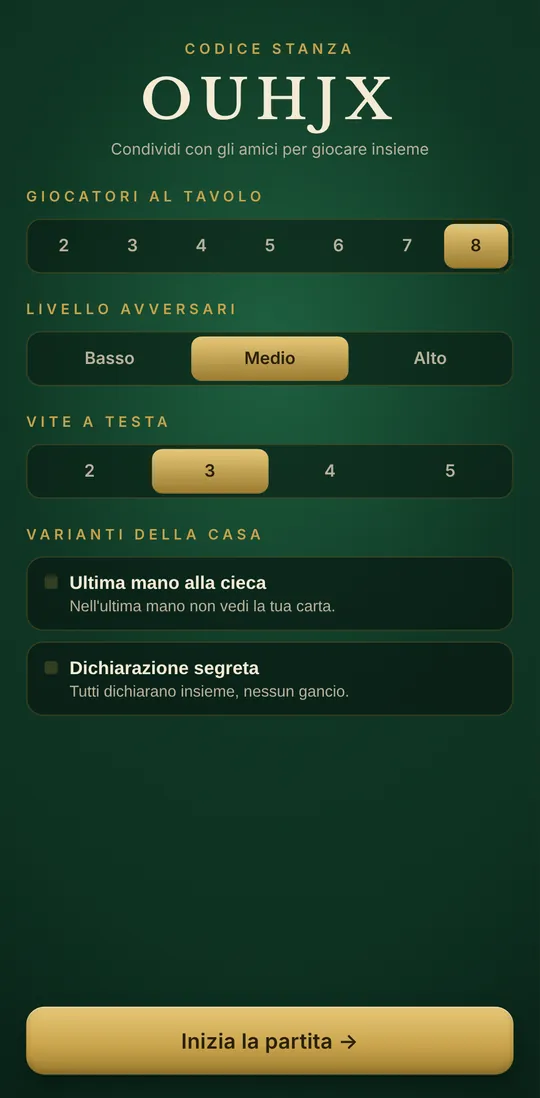 Impostazioni della stanza: giocatori, livello dei bot, vite e varianti